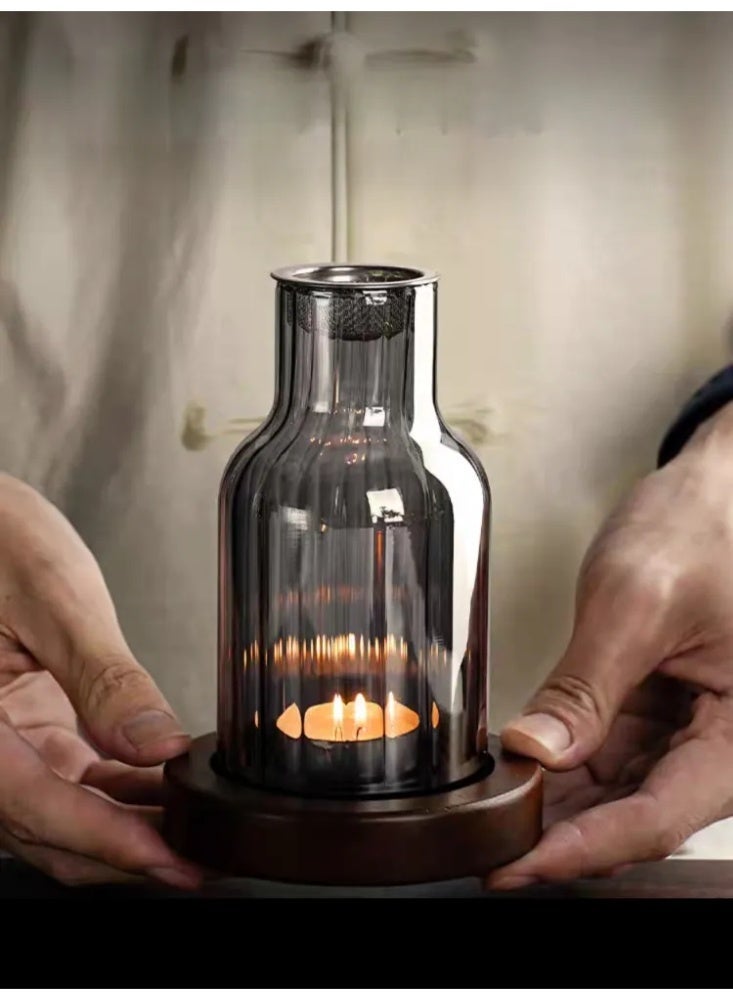 مبخرة عطر زجاجية مخططة رأسية عتيقة بقاعدة خشبية، مصباح عطر لعود والبخور والصندل، ديكور عطري للمنزل وغرف النوم - Image 2