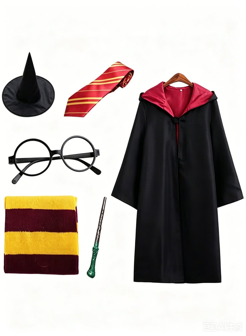 Kids Vintage Red Black Hooded Robe Full Outfit Set, Striped Scarf Tie Pointed Hat Round Glasses Handheld Stick Costume for Holiday Party Cosplay - Image 1
