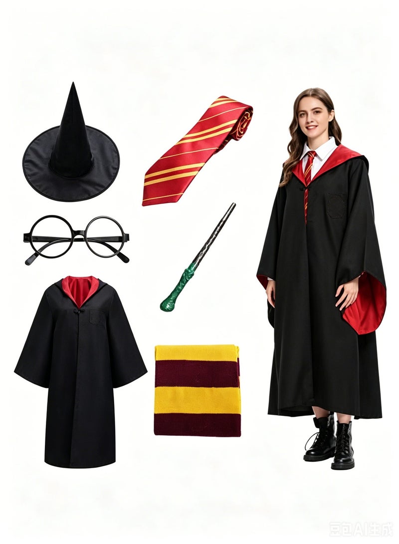 Kids Vintage Red Black Hooded Robe Full Outfit Set, Striped Scarf Tie Pointed Hat Round Glasses Handheld Stick Costume for Holiday Party Cosplay - Image 3