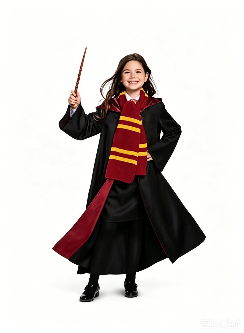 Kids Vintage Red Black Hooded Robe Full Outfit Set, Striped Scarf Tie Pointed Hat Round Glasses Handheld Stick Costume for Holiday Party Cosplay - Image 4