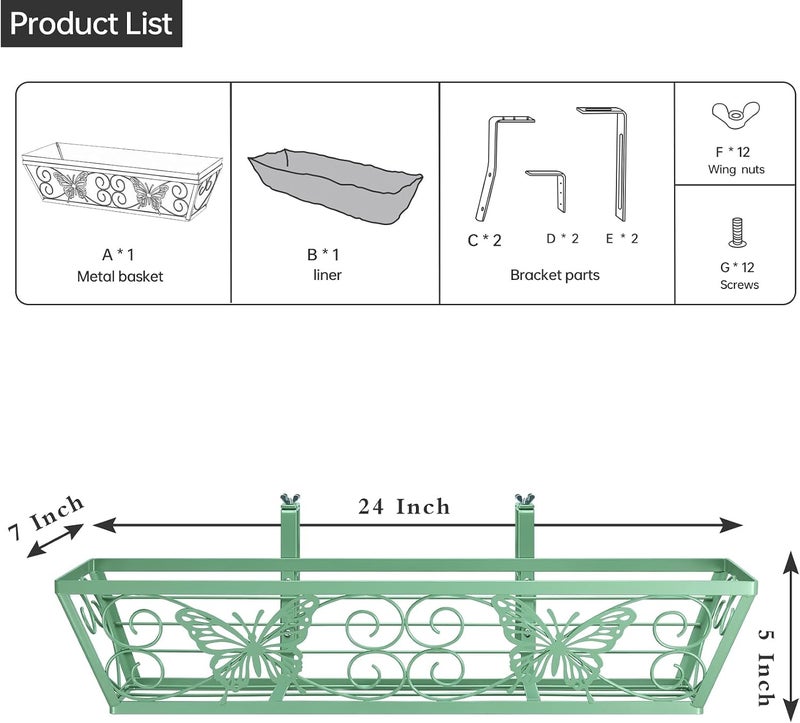 Karlliu 2 Pack 24 Inch Window Boxes Planters Railing Planter Box with Adjustable Brackets for Porch Fence Patio Balcony Hanging Flower Baskets with Woven Fabric for Outdoor Garden Decor - Green - Image 4