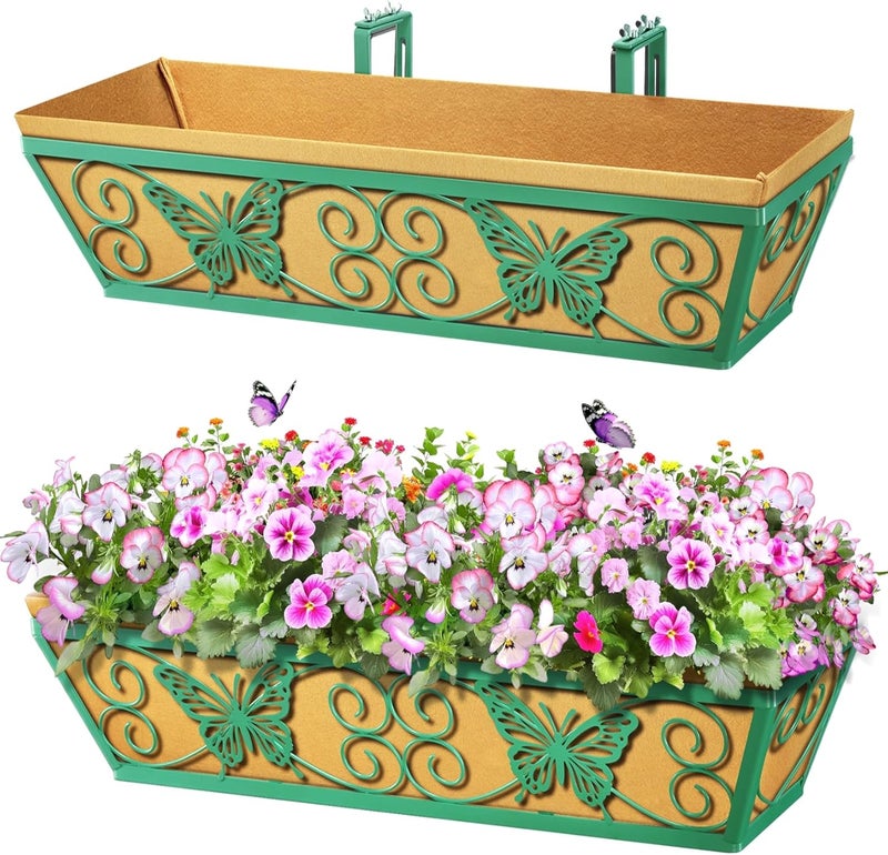 Karlliu 2 Pack 24 Inch Window Boxes Planters Railing Planter Box with Adjustable Brackets for Porch Fence Patio Balcony Hanging Flower Baskets with Woven Fabric for Outdoor Garden Decor - Green - Image 1