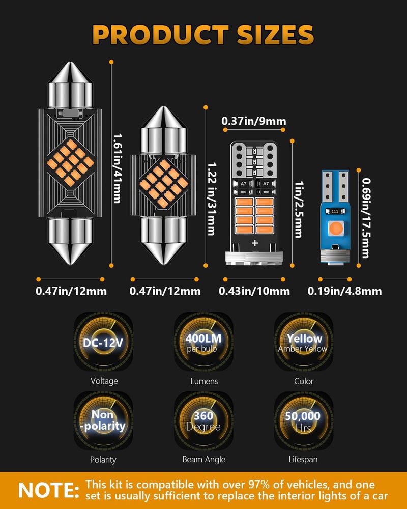 Zakolak 24PCS LED Interior Car Lights, Extremely Bright LED Bulb Kit, Applicable to Dome Map Door Lights and Other Parts Replacement for Your Cars, to Help You See Inside The Car at Night（Yellow） - Image 2