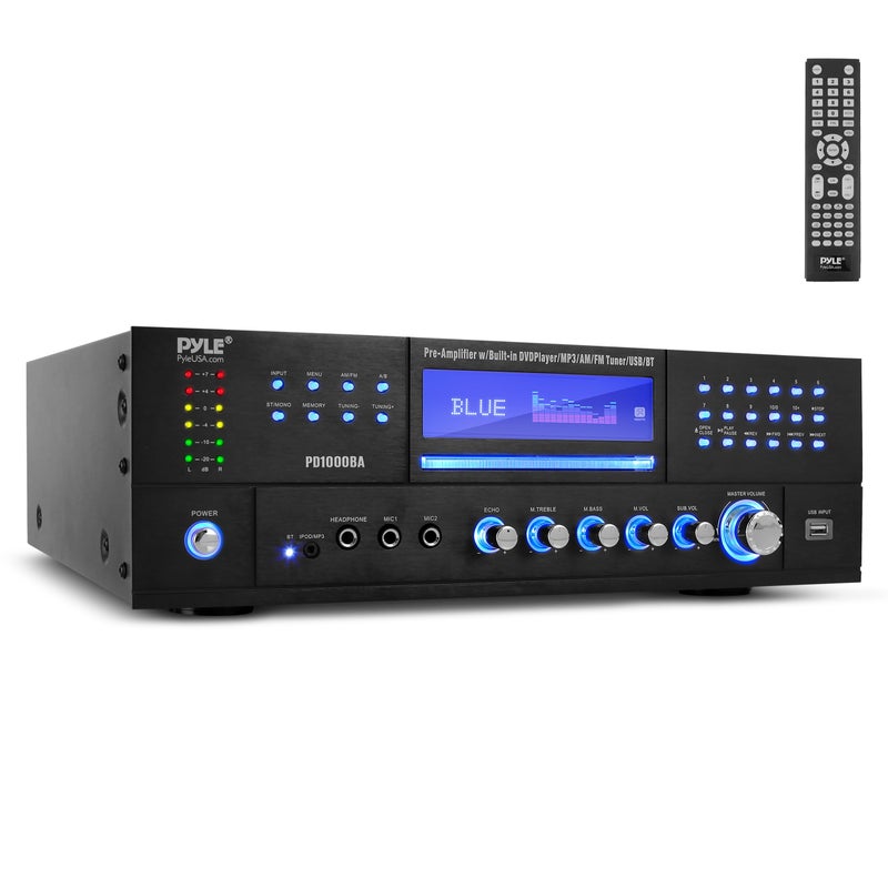 Pyle 4-Channel Wireless Bluetooth Power Amplifier - 1000W Stereo Speaker Home Audio Receiver w/FM Radio, USB, Headphone, 2 Microphone w/Echo, Front Loading CD DVD Player, LED, Rack Mount, Black - Image 2