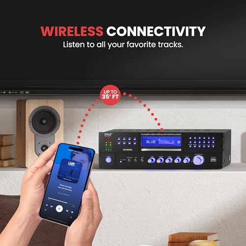 Pyle 4-Channel Wireless Bluetooth Power Amplifier - 1000W Stereo Speaker Home Audio Receiver w/FM Radio, USB, Headphone, 2 Microphone w/Echo, Front Loading CD DVD Player, LED, Rack Mount, Black - Image 5