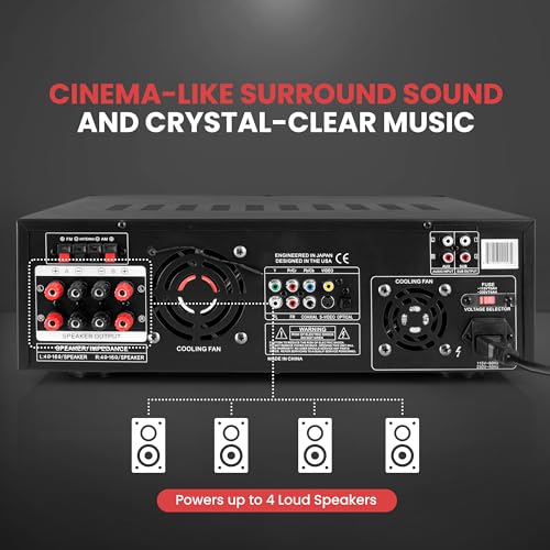 Pyle 4-Channel Wireless Bluetooth Power Amplifier - 1000W Stereo Speaker Home Audio Receiver w/FM Radio, USB, Headphone, 2 Microphone w/Echo, Front Loading CD DVD Player, LED, Rack Mount, Black - Image 4