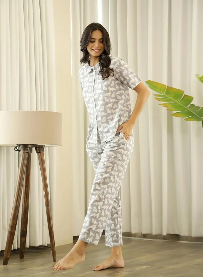 sanskrutihomes Sanskrutihomes Pure Cotton Printed Short Sleeve Shirt and Pyjama Set