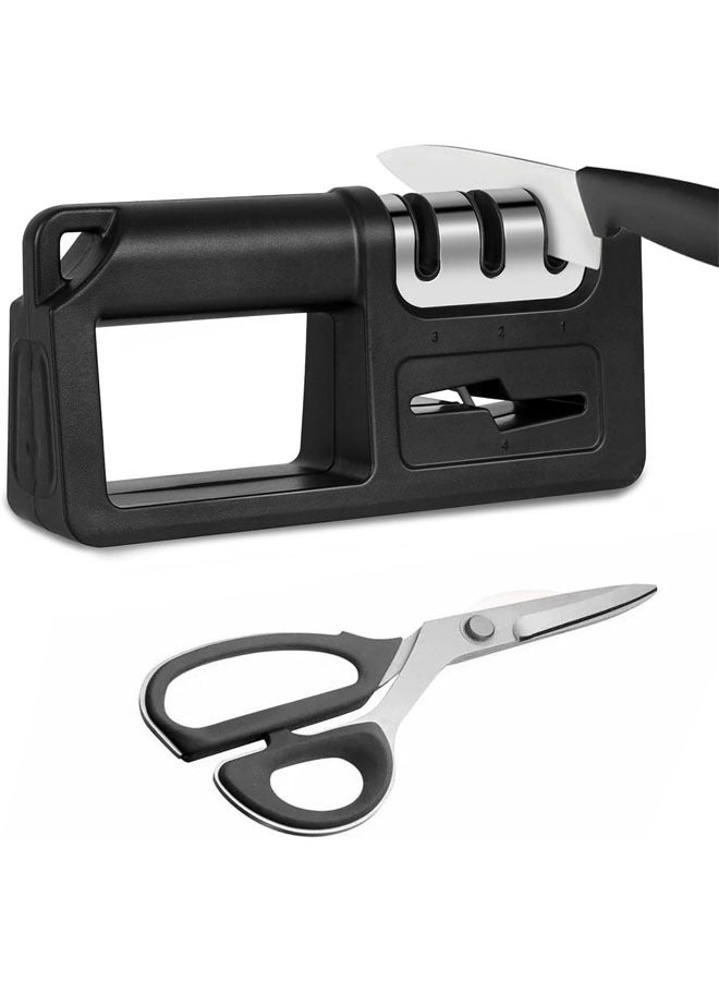 هاي هونور مبراة سكاكين 4 في 1 للمطبخ مع مبراة للمقصات، أداة مبراة السكاكين لإصلاح واستعادة وتلميع الشفرات، ملحقات سكين ماسية للمطاعم، لون أسود - Image 1