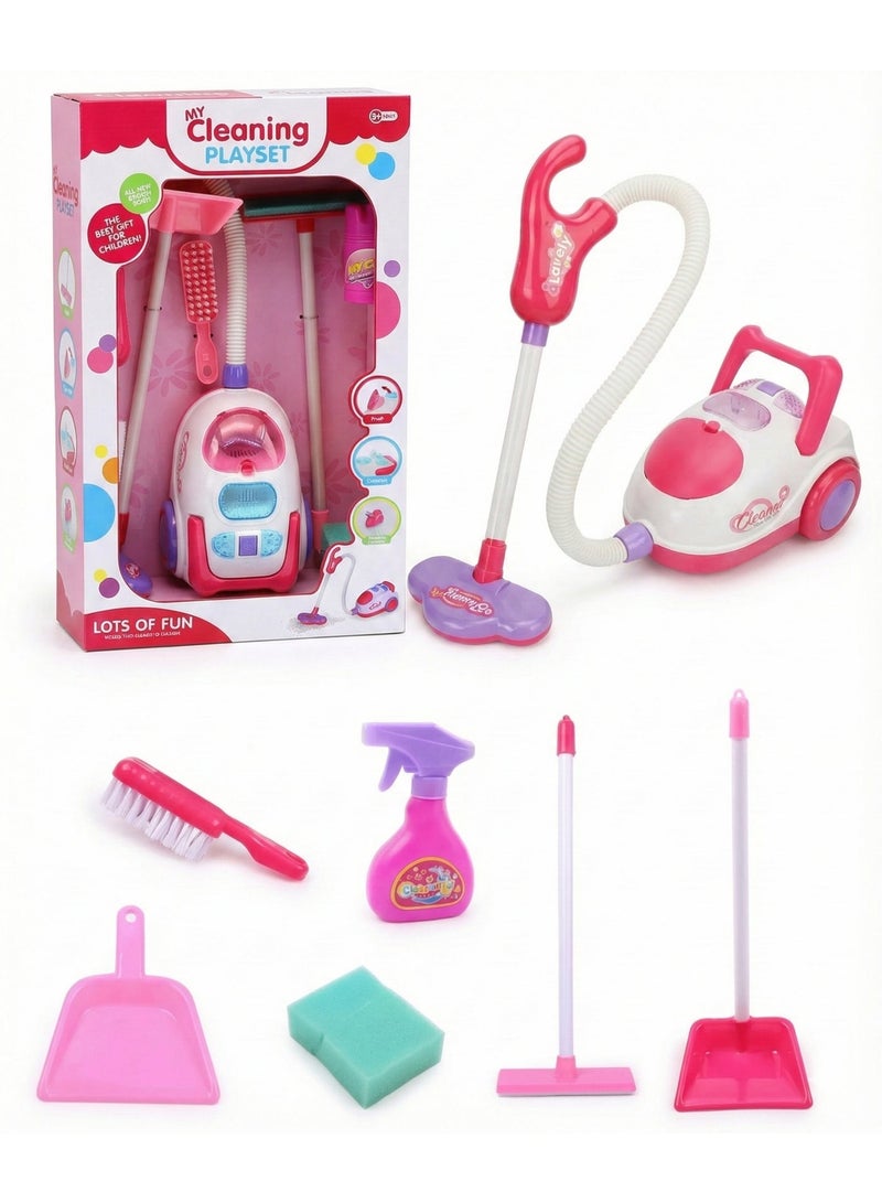 REZZOSS Kids Cleaning Set with Toy Vacuum Cleaner (Lights & Sounds) – 8-Piece Pretend Play Housekeeping Kit for Girls & Boys | Pink Broom, Mop, Dustpan & Brush Set | Educational Montessori Gift for Toddlers 3+ | Little Helper Cleaning Cart Accessories - Image 1