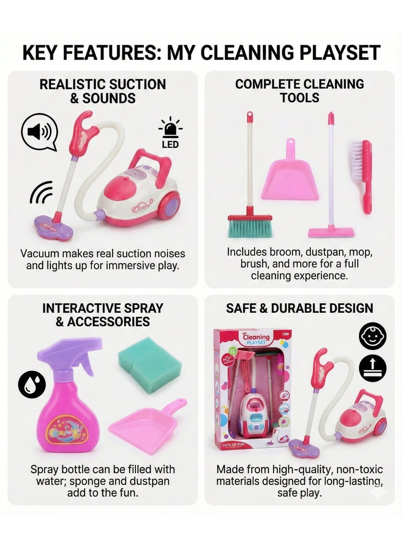 REZZOSS Kids Cleaning Set with Toy Vacuum Cleaner (Lights & Sounds) – 8-Piece Pretend Play Housekeeping Kit for Girls & Boys | Pink Broom, Mop, Dustpan & Brush Set | Educational Montessori Gift for Toddlers 3+ | Little Helper Cleaning Cart Accessories - Image 2