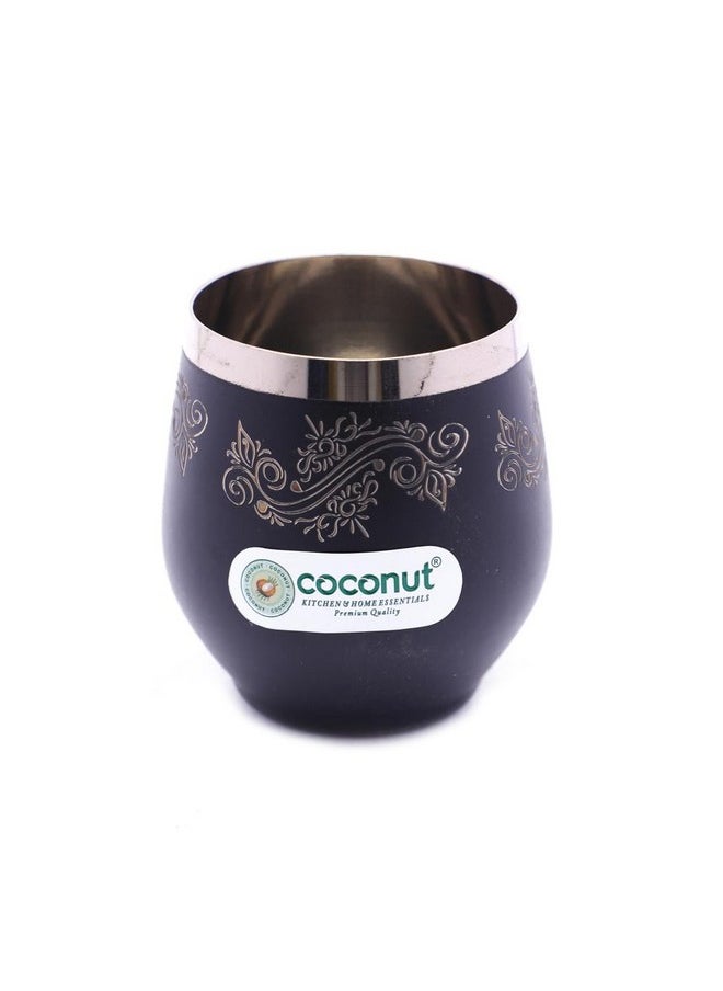 Coconut coconut Boomer Stainless Steel Water/Juice Glass with Black Coating with Laser Design - Set of 6-250ML Each 