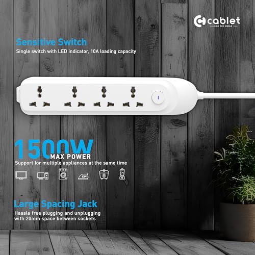 Cablet Extension Board 1500W 6A | 5 Universal Multi Plug Sockets with Surge Protector, Overload Protection, 1.8M Heavy Duty Cord, LED Indicator Master Switch, Spike Guard Power Strip for Home & Office - Image 2