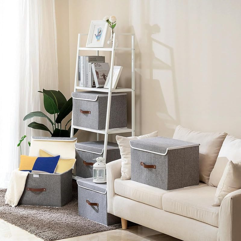 QUAIL NonWoven Foldable Large Jute Print Storage Box with Lids Handles Collapsible Storage Bin for Organizing Toys Clothes and Books Grey Pack of 2 - Image 3