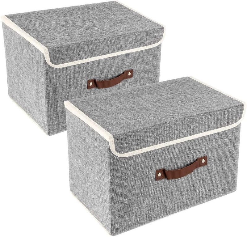 QUAIL NonWoven Foldable Large Jute Print Storage Box with Lids Handles Collapsible Storage Bin for Organizing Toys Clothes and Books Grey Pack of 2 - Image 1