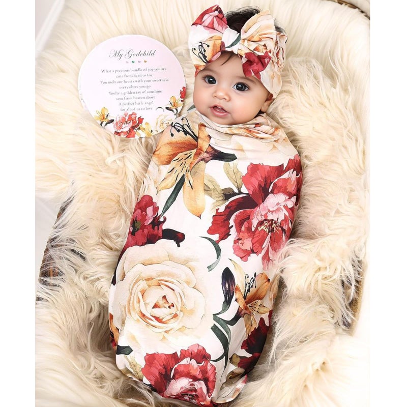 Galabloomer Receiving Blanket Headband Set Flower Print Baby Swaddle Receiving Blankets - Image 2