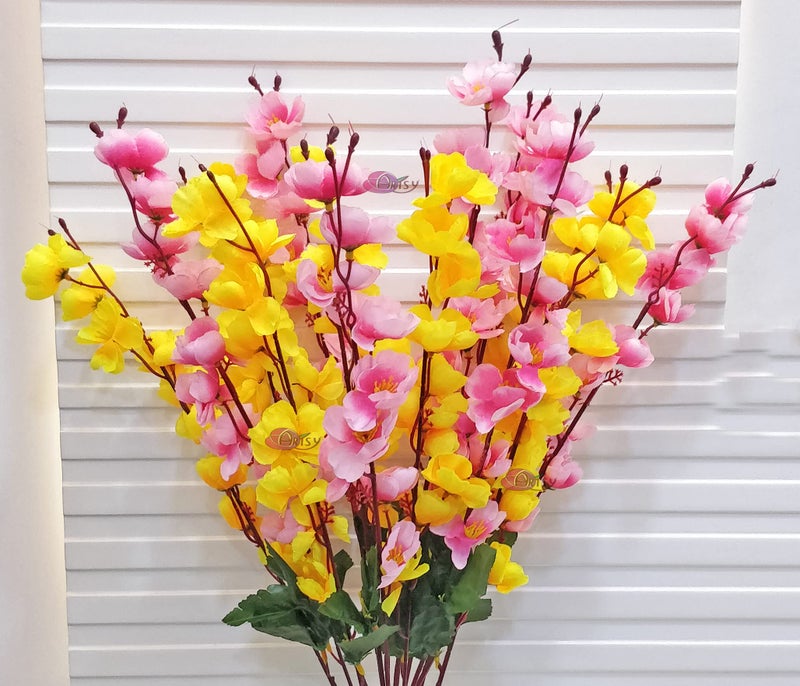 ARTSY® Artificial Flowers Bunch for Decoration Cherry Blossom, Ideal for vase, Home, Office Decor, Gifts, Craft, Artificial Plants for Decoration, Without vase, Yellow Pink, Combo, 2 Pieces - Image 2