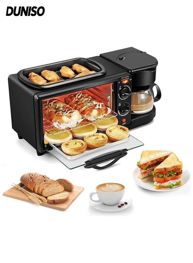DUNISO 3 In 1 Electric Oven,Multifunctional Breakfast Maker, Heat-Resistant Tempered Glass Door, Double-layer Stainless Steel Oven Tray,Toaster with Frying Pan - Image 1
