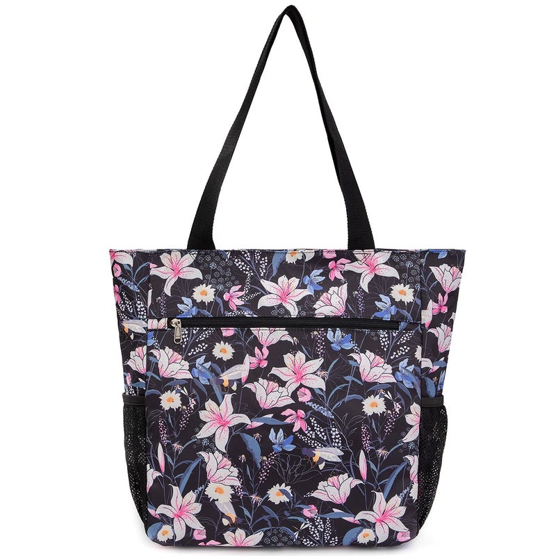 ETidy Large Capacity Foldable Tote Bag With Zipper Water-resistant Sandproof Women Beach Handbag Gym Travel Shopping Bag (Pink Lily) - Image 2