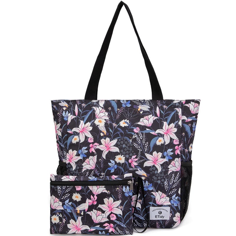 ETidy Large Capacity Foldable Tote Bag With Zipper Water-resistant Sandproof Women Beach Handbag Gym Travel Shopping Bag (Pink Lily) - Image 1