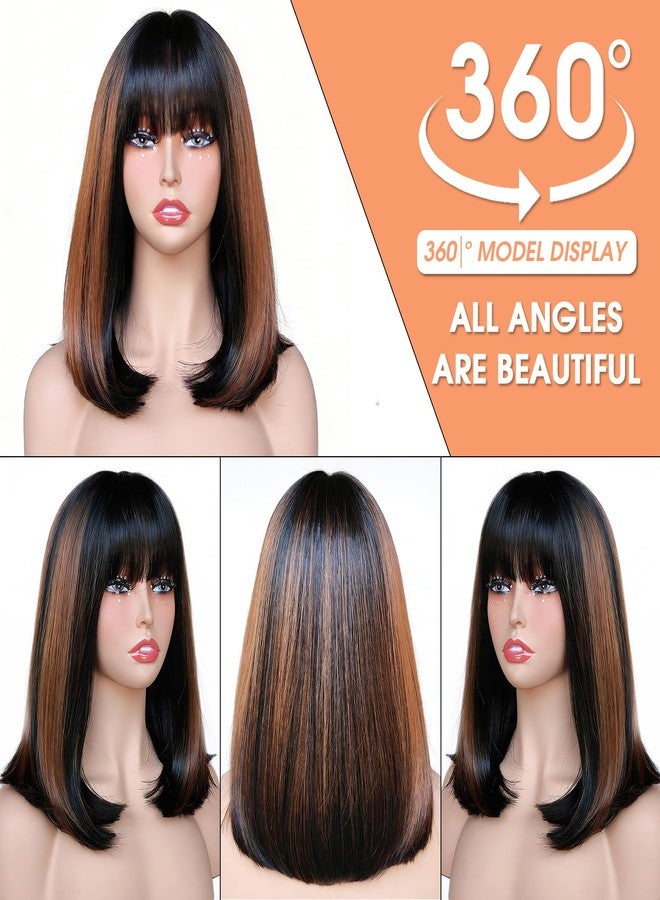 goodear HAIR 12 Inch Straight Bob Wig with Bangs Synthetic Glueless Bob Wig with Brown Highlights, Ready to Go Short Wigs For Women 180 Density (Breathable Cap) (RSPO9#, 12inch) - Image 2