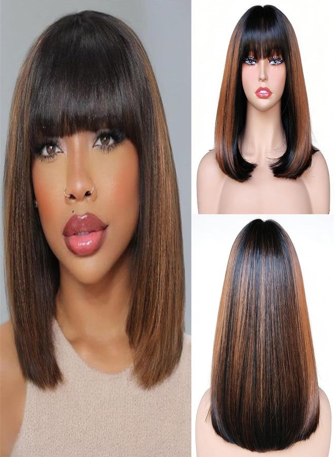 goodear HAIR 12 Inch Straight Bob Wig with Bangs Synthetic Glueless Bob Wig with Brown Highlights, Ready to Go Short Wigs For Women 180 Density (Breathable Cap) (RSPO9#, 12inch) - Image 1