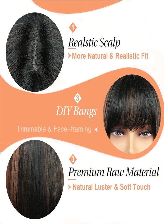goodear HAIR 12 Inch Straight Bob Wig with Bangs Synthetic Glueless Bob Wig with Brown Highlights, Ready to Go Short Wigs For Women 180 Density (Breathable Cap) (RSPO9#, 12inch) - Image 5