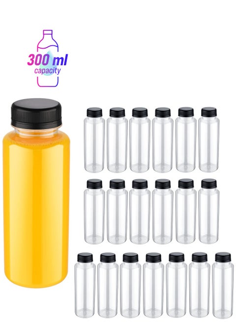Disposable Bulk Drink Bottles, 20 Pack Clear Pet Plastic Juice Bottles with Black Lids, Round Small Empty Bulk Beverage Plastic Smoothie Bottles Ideal for Juice, Milk, (10oz, 300ml)