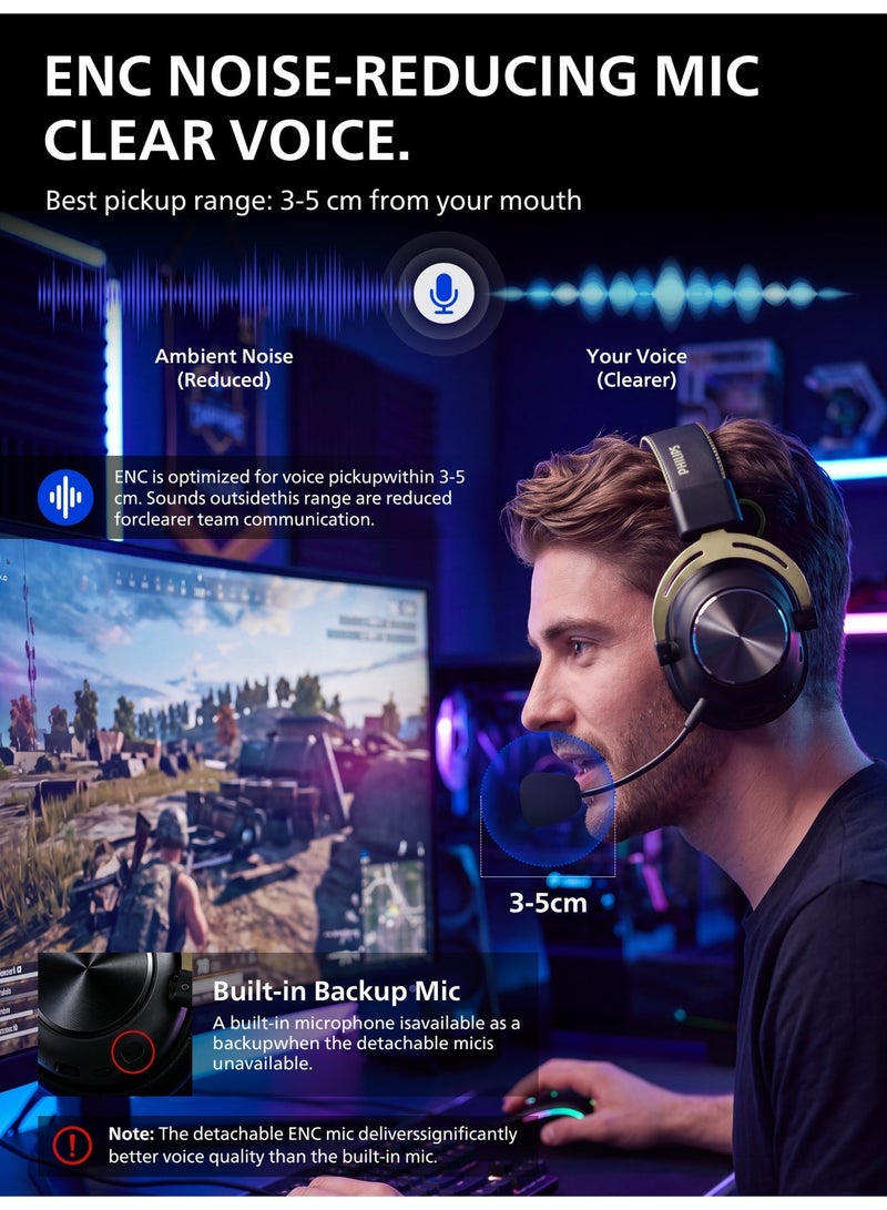 فيليبس سماعة ألعاب لاسلكية PHILIPS TAG4، بزمن استجابة أقل من 15 مللي ثانية عبر 2.4GHz، صوت محيطي 7.1 + وحدات تشغيل 53 مم، متوافقة مع PS5/PS4/PC/Switch/الهواتف المحمولة، قاعدة LCD مع مستقبل لاسلكي، بطارية 90 ساعة، Bluetooth 5.4/سلكي، ميكروفون ENC - Image 4