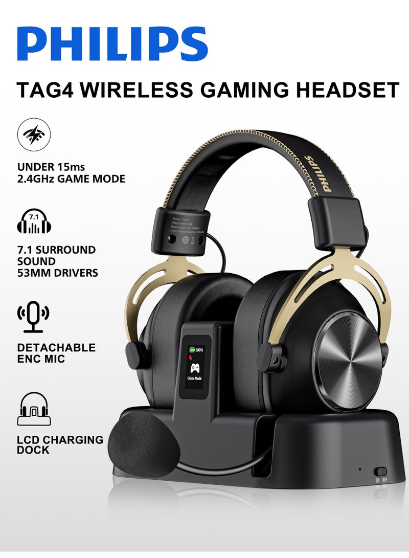PHILIPS TAG4 Wireless Gaming Headset, 7.1 Surround Sound, for PS5/PS4/PC/Switch/Mobile, Smart LCD Dock with Wireless Receiver, Under 15ms 2.4GHz Low Latency, 53mm Drivers, Detachable ENC Microphone, 90H Battery Life, 2.4GHz/Bluetooth 5.4/Wired - Image 1