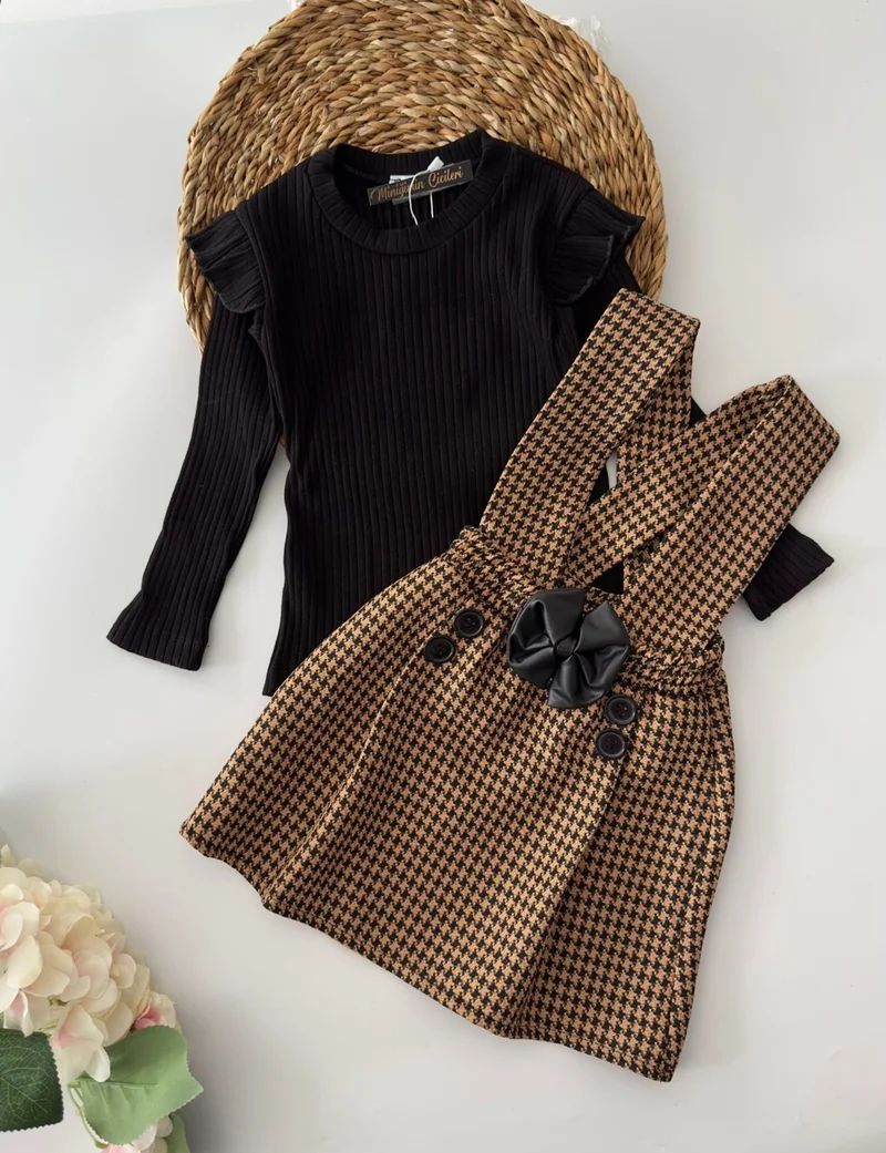 مينيمن جيجيليري My Little One's Cicileri Houndstooth Bow Girl's Overalls Set - Brown