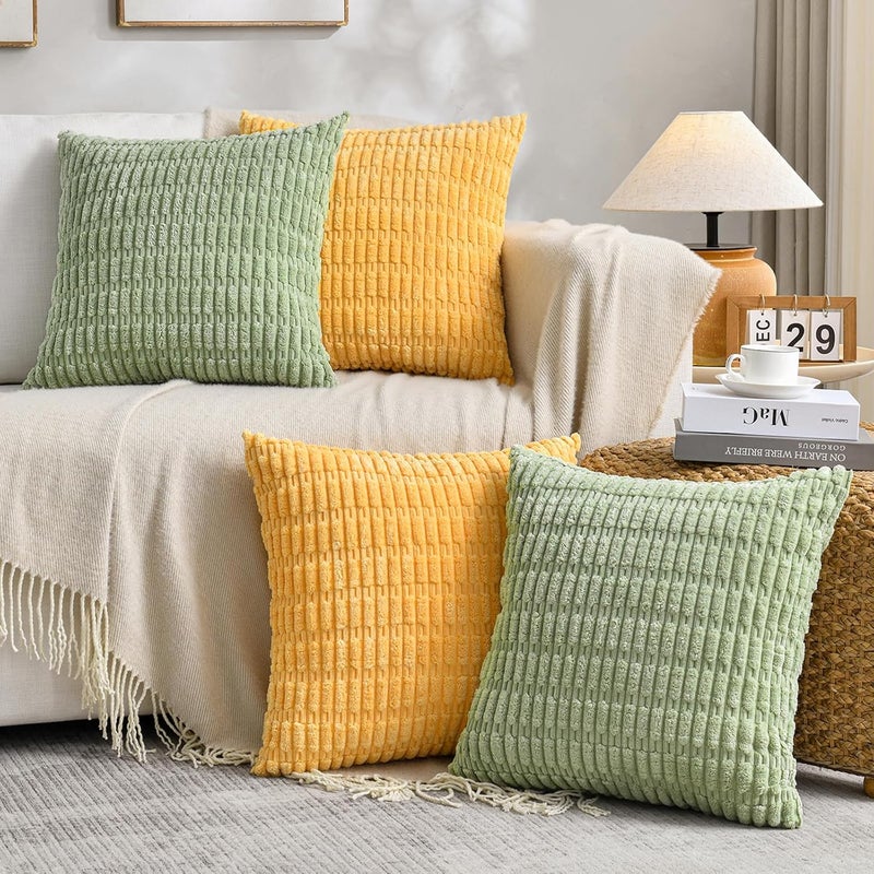 Fancy Homi Set of 4 Spring Boho Decorative Throw Pillow Covers 24x24 Inch for Couch Bed Sofa, Sage Green Yellow Room Decor, Soft Fuzzy Fluffy Cozy Corduroy Textured Cushion Case 60x60cm - Image 1