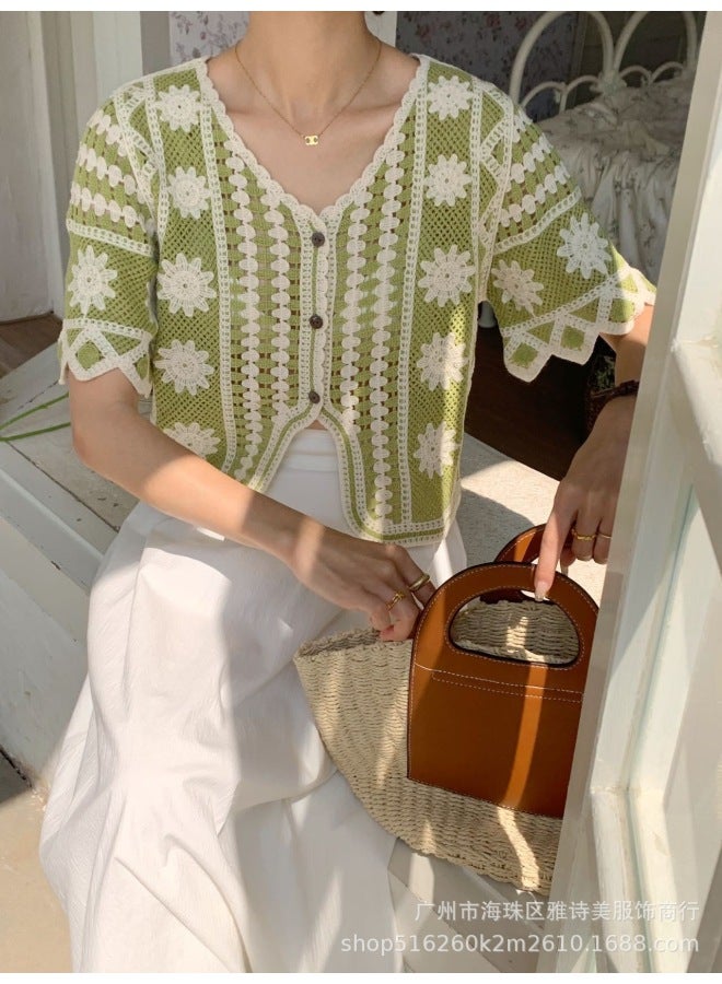 Green Women's Summer V Neck Cut Out Crochet Short Sleeve Knitted Cardigan, Slim Sweet Top