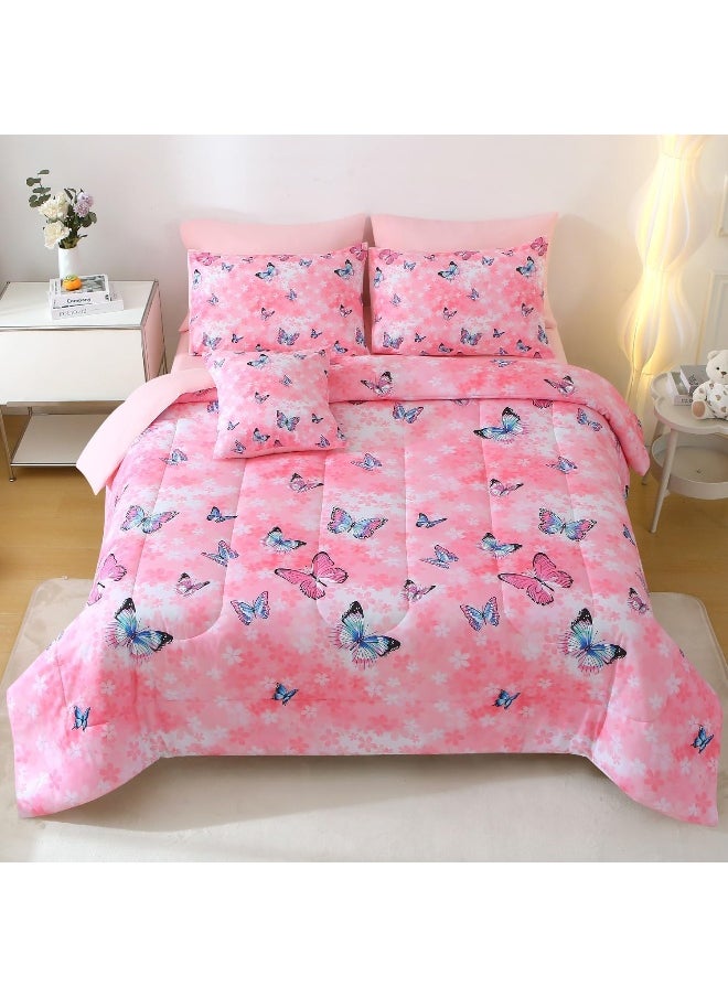Generic JQinHome 8 Piece Butterfly Comforter Set Full, 3D Pink Flower Printed Butterfly Bedding Set, All Season Microfiber Butterfly Theme Home Decor Bedding for Girls with Sheet Sets(Pink)  - Image 1