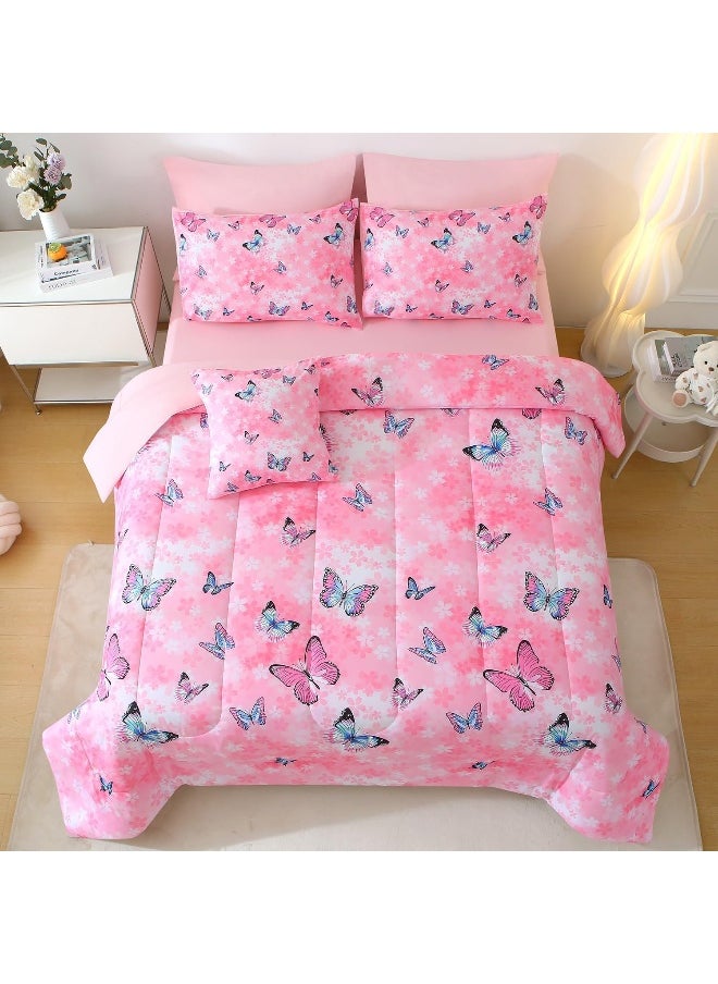 Generic JQinHome 8 Piece Butterfly Comforter Set Full, 3D Pink Flower Printed Butterfly Bedding Set, All Season Microfiber Butterfly Theme Home Decor Bedding for Girls with Sheet Sets(Pink)  - Image 2