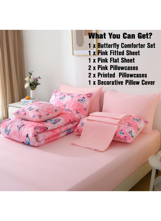 Generic JQinHome 8 Piece Butterfly Comforter Set Full, 3D Pink Flower Printed Butterfly Bedding Set, All Season Microfiber Butterfly Theme Home Decor Bedding for Girls with Sheet Sets(Pink)  - Image 5