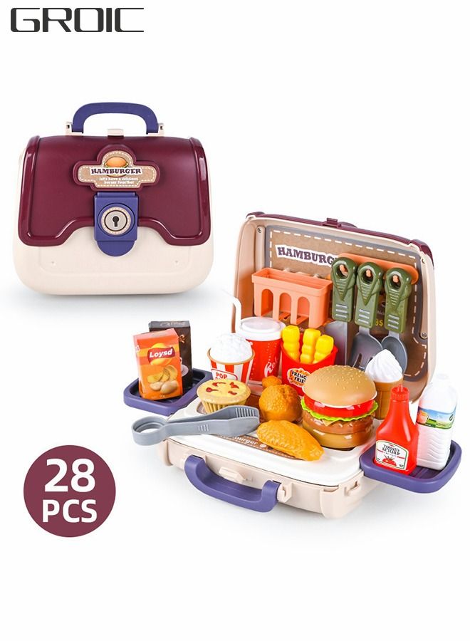 GROIC مجموعة لعب التظاهر بالمطبخ للأطفال، لعبة التظاهر للوجبات السريعة مع الهامبرغر والبطاطس المقلية وأدوات المائدة وأعواد الطبل وإكسسوارات المطبخ مع حقيبة تخزين - Image 1