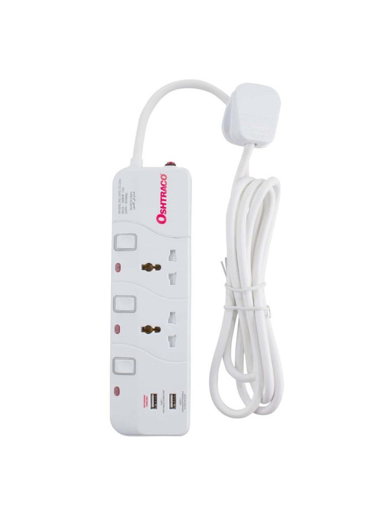 Oshtraco 2-Way Universal Extension Cord W/ Dual USB Ports