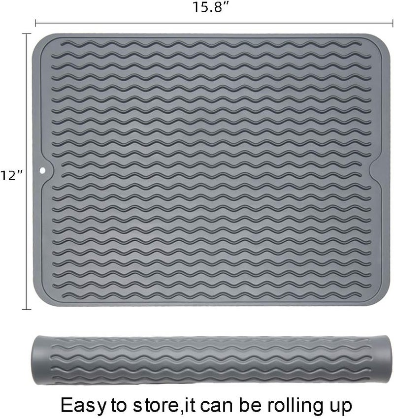 ZLR 2 Pcs Silicone Dish Drying Mat & Heat Resistant Trivet (12" x 16") - Waterproof Counter Protector for Coffee Maker - Non-Slip, BPA Free Kitchen Pad, Easy Clean Dishwasher Safe (Dark Gray) - Image 2