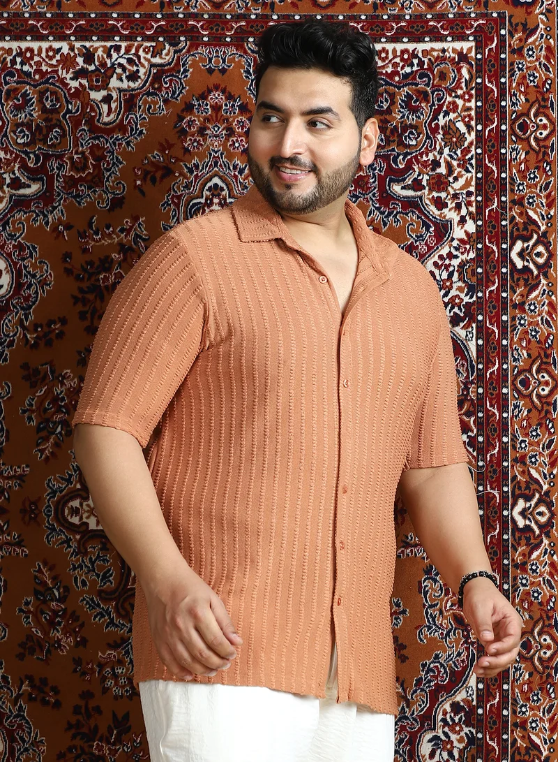 Instafab Plus  Instafab Plus Men's Rust Orange Cross-Stitch Stripe Knit Shirt For Casual Wear | Spread Collar | Short Regular Sleeves | Button Closure | Plus Size Shirt Crafted With Comfort Fit For Everyday Wear for Men | Best Price UAE