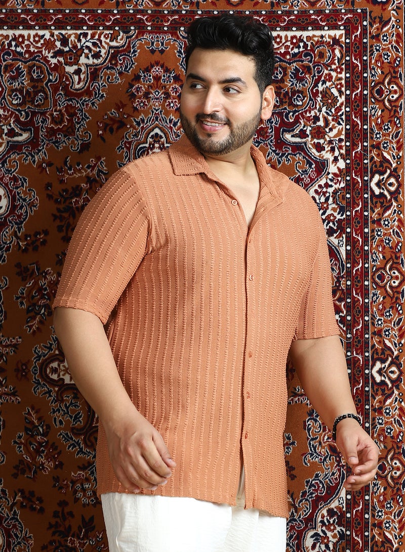 Instafab Plus Men's Rust Orange Cross-Stitch Stripe Knit Shirt For Casual Wear | Spread Collar | Short Regular Sleeves | Button Closure | Plus Size Shirt Crafted With Comfort Fit For Everyday Wear - Image 3