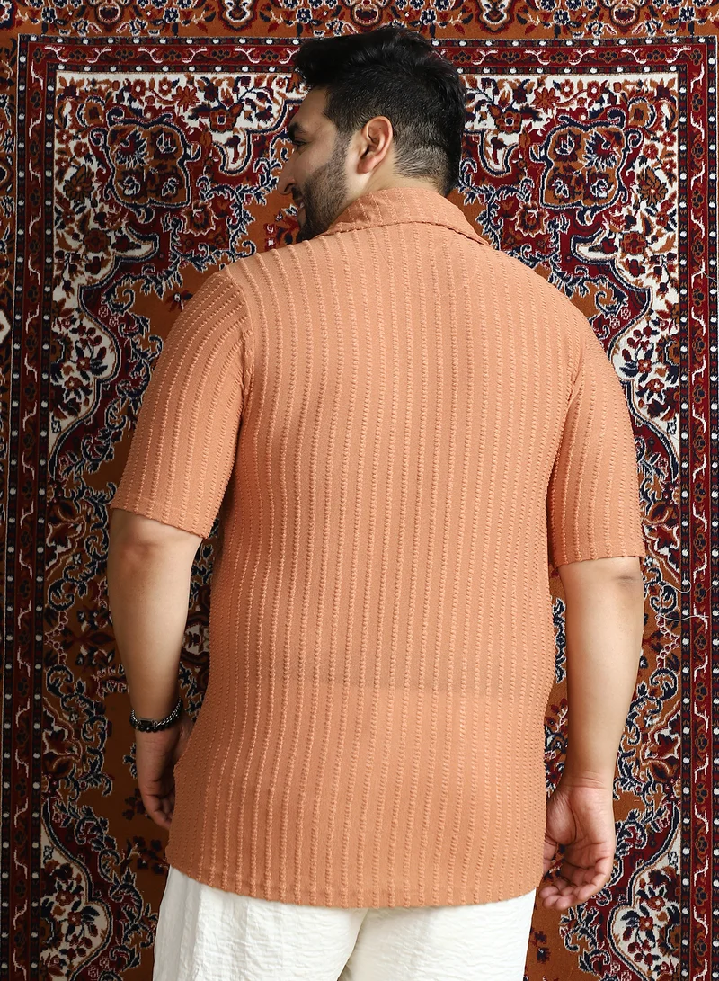 Instafab Plus  Instafab Plus Men's Rust Orange Cross-Stitch Stripe Knit Shirt For Casual Wear | Spread Collar | Short Regular Sleeves | Button Closure | Plus Size Shirt Crafted With Comfort Fit For Everyday Wear for Men | Best Price UAE