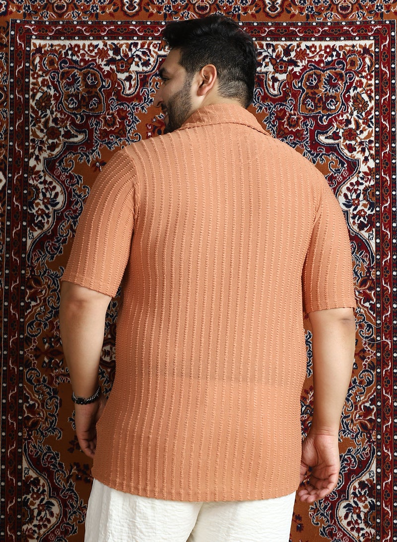 Instafab Plus Men's Rust Orange Cross-Stitch Stripe Knit Shirt For Casual Wear | Spread Collar | Short Regular Sleeves | Button Closure | Plus Size Shirt Crafted With Comfort Fit For Everyday Wear - Image 4