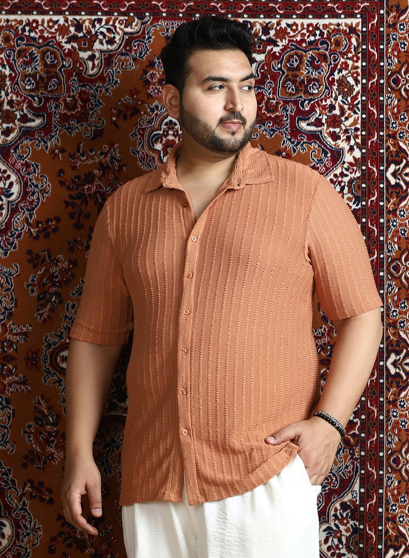 Instafab Plus Men's Rust Orange Cross-Stitch Stripe Knit Shirt For Casual Wear | Spread Collar | Short Regular Sleeves | Button Closure | Plus Size Shirt Crafted With Comfort Fit For Everyday Wear - Image 2