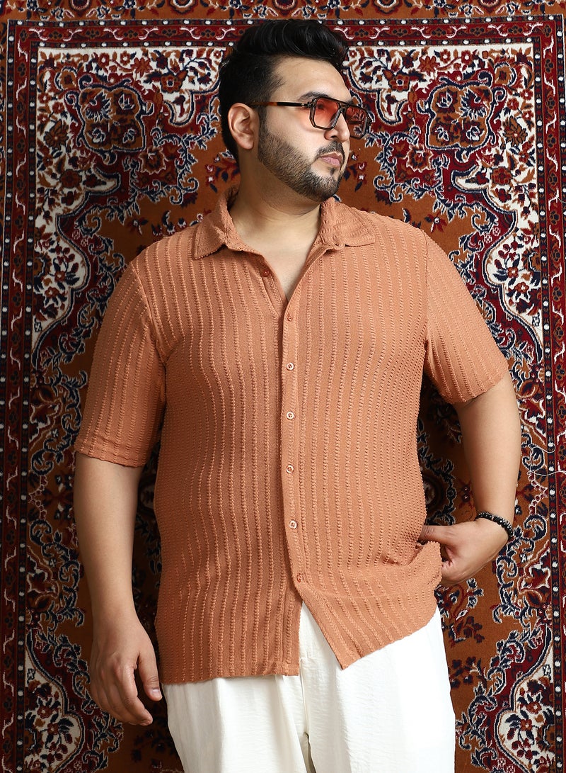 Instafab Plus Men's Rust Orange Cross-Stitch Stripe Knit Shirt For Casual Wear | Spread Collar | Short Regular Sleeves | Button Closure | Plus Size Shirt Crafted With Comfort Fit For Everyday Wear - Image 1