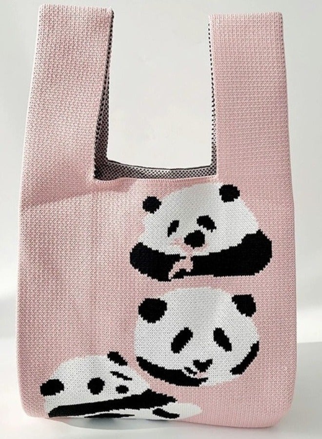 Panda Huahua Knitted Pink Tote Bag for Lady, Mother, and Children - Image 1