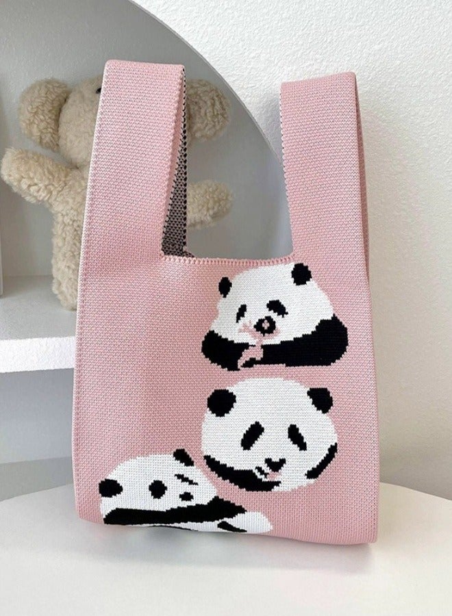 Panda Huahua Knitted Pink Tote Bag for Lady, Mother, and Children - Image 2