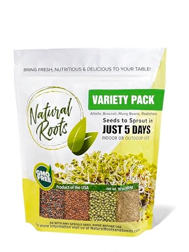NATURAL ROOTS Variety Pack Sprouting Seeds. One Pound. Includes one Pack of Broccoli, Alfalfa, Radish & Mung Beans. for Sprouts and Microgreens. Non-GMO. Seeds for Jar or Trays. Each Pack is a Quarter Pound - Image 1