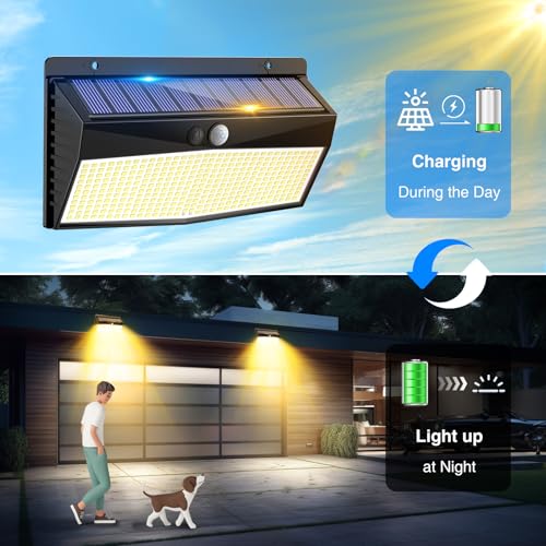 Peasur 368 مصابيح LED شمسية مع مستشعر حركة خارجية، مصابيح شمسية مع 3 أوضاع إضاءة، مصابيح أمان تعمل بالطاقة الشمسية مقاومة للماء للحديقة الخارجية، الجدار، الفناء الخلفي، الدرج، أبيض دافئ - Image 4