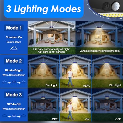 Peasur 368 مصابيح LED شمسية مع مستشعر حركة خارجية، مصابيح شمسية مع 3 أوضاع إضاءة، مصابيح أمان تعمل بالطاقة الشمسية مقاومة للماء للحديقة الخارجية، الجدار، الفناء الخلفي، الدرج، أبيض دافئ - Image 2