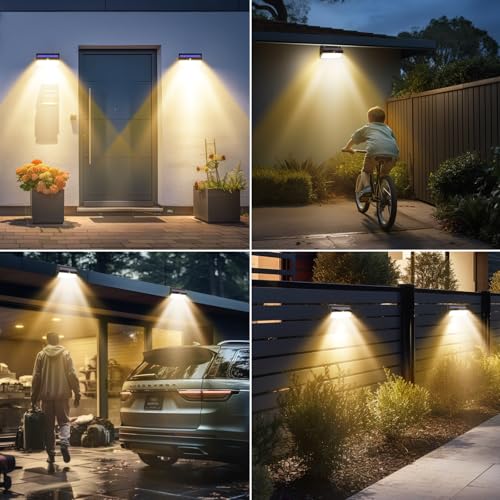 Peasur 368 مصابيح LED شمسية مع مستشعر حركة خارجية، مصابيح شمسية مع 3 أوضاع إضاءة، مصابيح أمان تعمل بالطاقة الشمسية مقاومة للماء للحديقة الخارجية، الجدار، الفناء الخلفي، الدرج، أبيض دافئ - Image 5